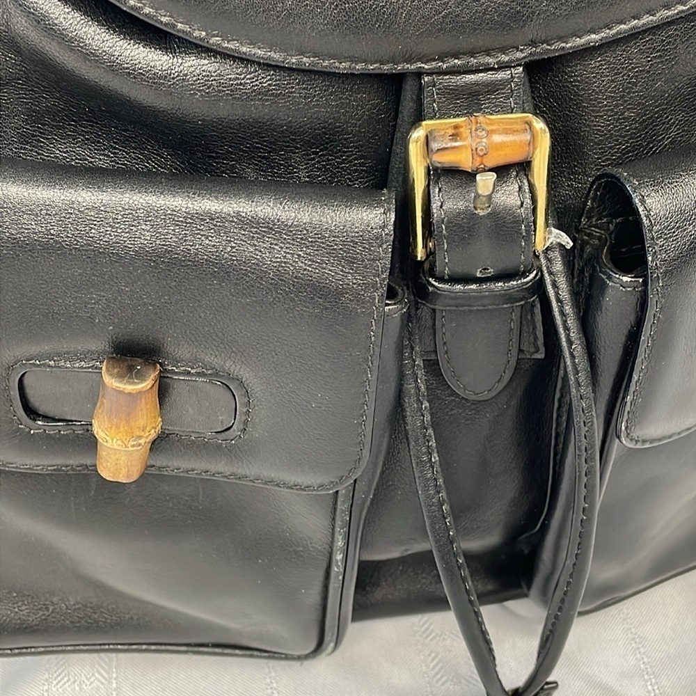 Gucci Leather Bamboo Backpack Black Designer Luxury Rucksack Twin Pocket - Picture 3 of 17